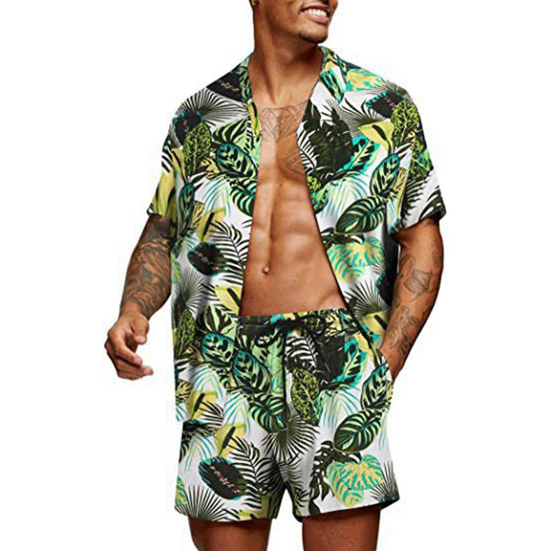 Men's tropical short sleeve shirt and swim shorts set with lapel collar, drawstring, and practical side pockets Mune Fashion