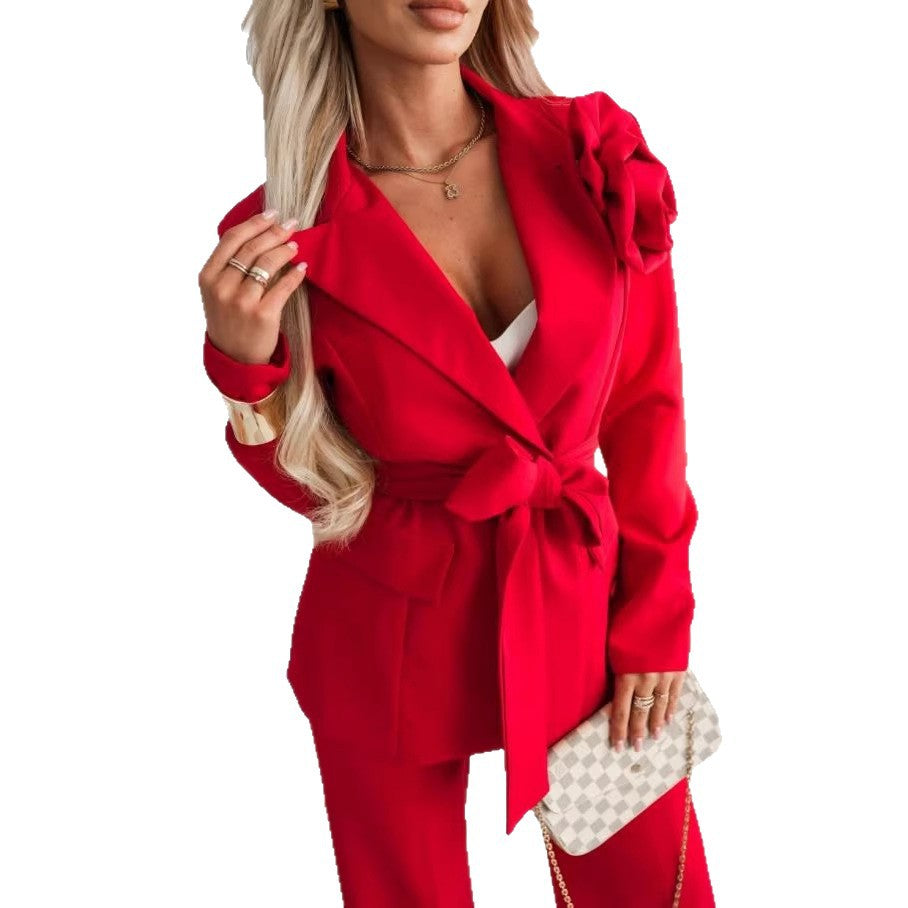 Ladies Elegant Oversize Blazer Set with Pink Rose Appliqué and High Waist Wide Leg Pants Mune Fashion