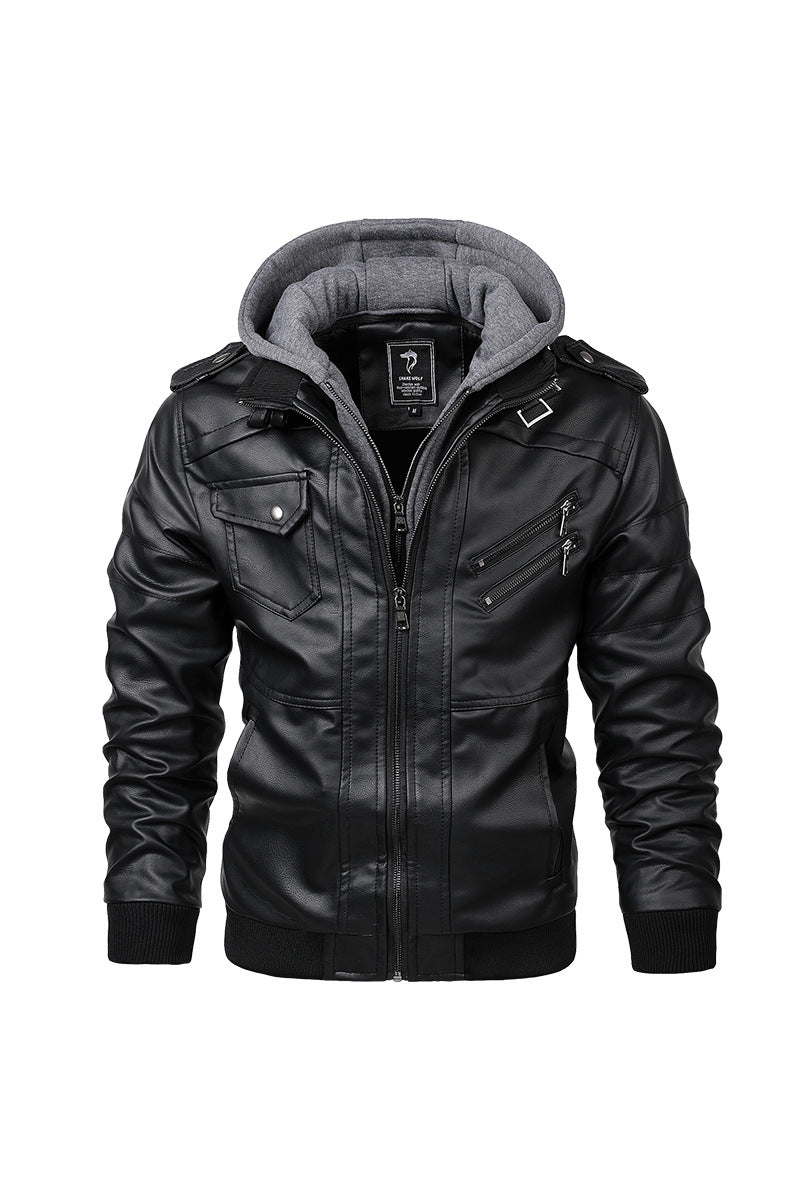 Men's Faux Leather Bomber Jacket with Hood Fleece Lining and Multiple Pockets Mune Fashion