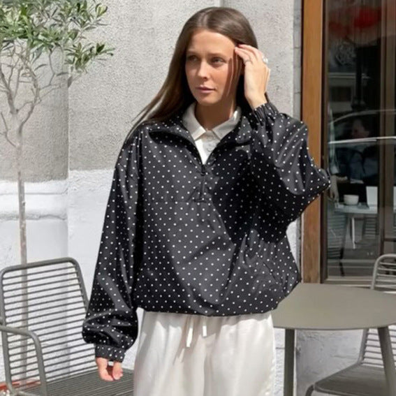 Women's Lightweight Polka Dot Half-Zip Transitional Jacket with Stand-Up Collar and Drawstring Mune Fashion