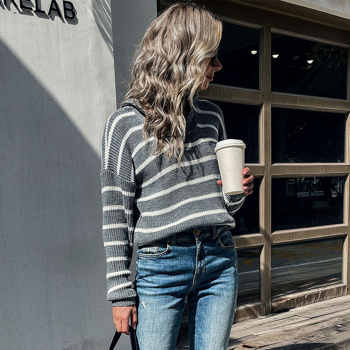 Women's Maritime Striped Sweater made of Chunky Knit with Short Hem and Stand-Up Collar Mune Fashion