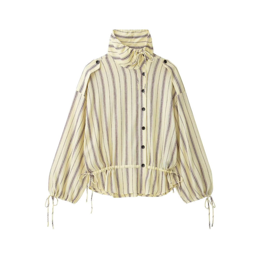 Ladies Striped Lightweight Blouson Jacket with Stand Collar and Drawstring