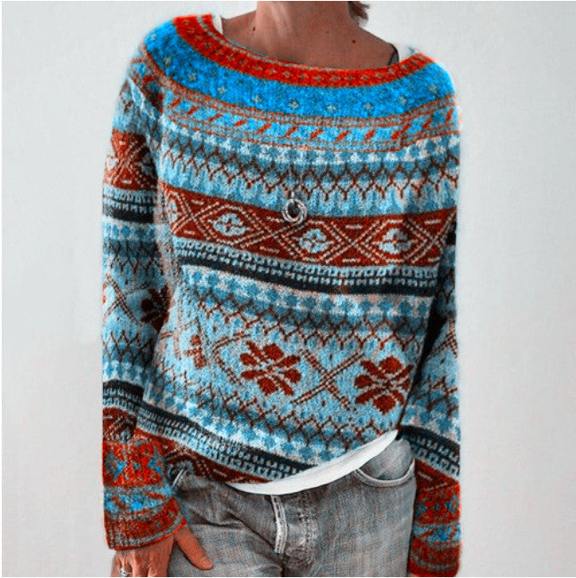 Women's patterned Norwegian knit sweater with wide round neckline and casual oversized fit Mune Fashion