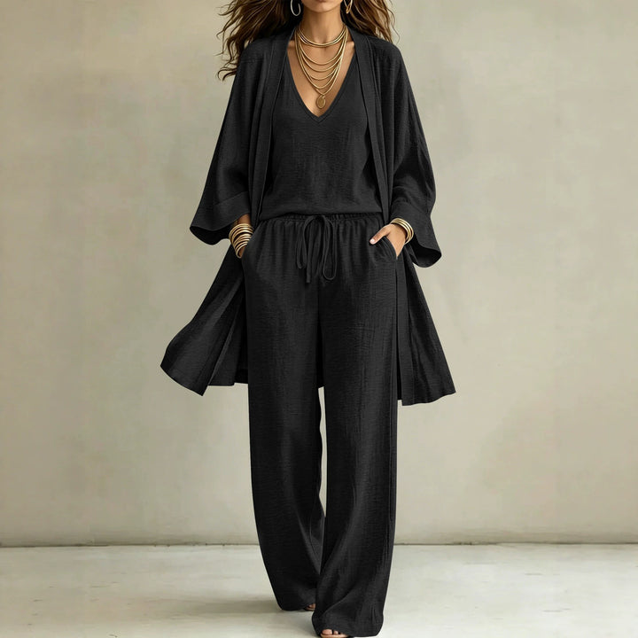 Women Casual Lounge Set with Kimono Cardigan, V-Neck Shirt and Wide Cord Pants Drune