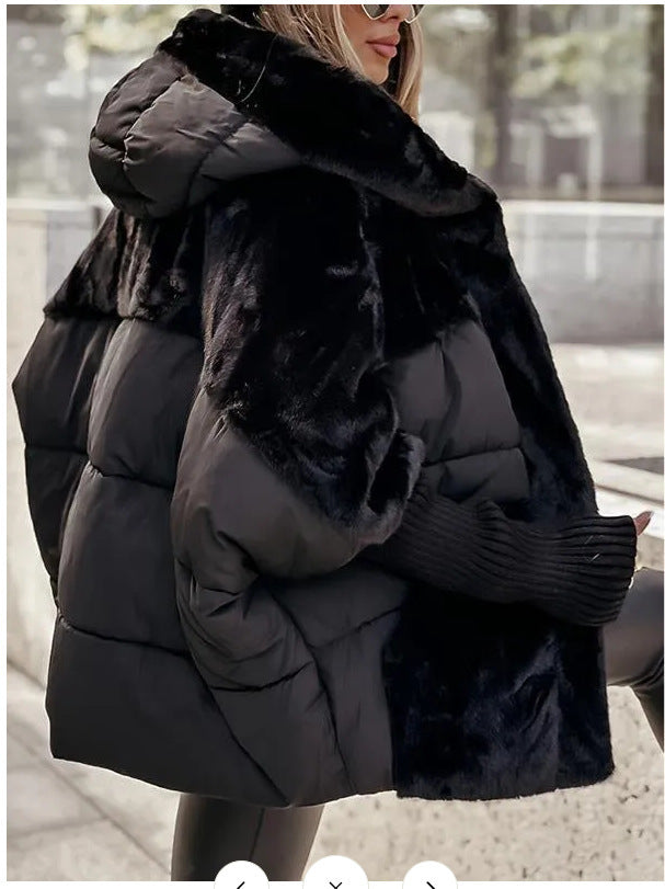 Women's oversized quilted winter jacket with faux fur panels, hood and integrated ribbed sleeve details Mune Fashion