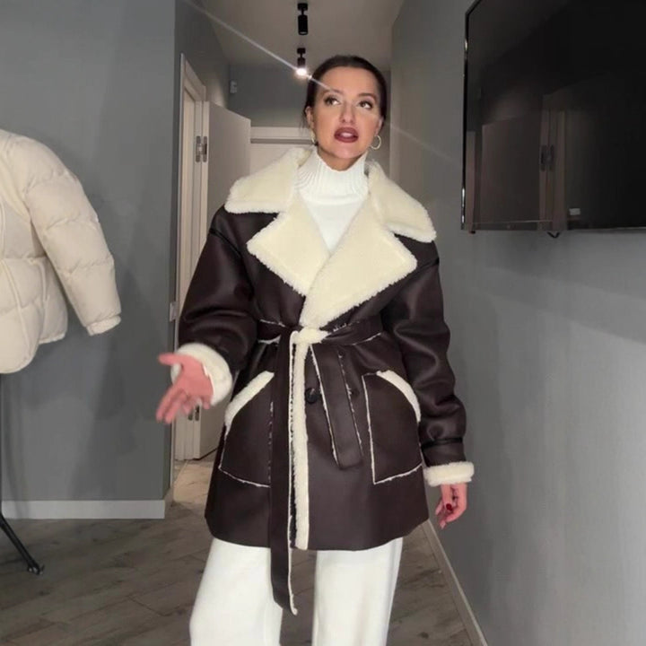Women Oversized Sheepskin Imitation Coat with Contrasting Shawl Collar and Tied Belt Mune Fashion