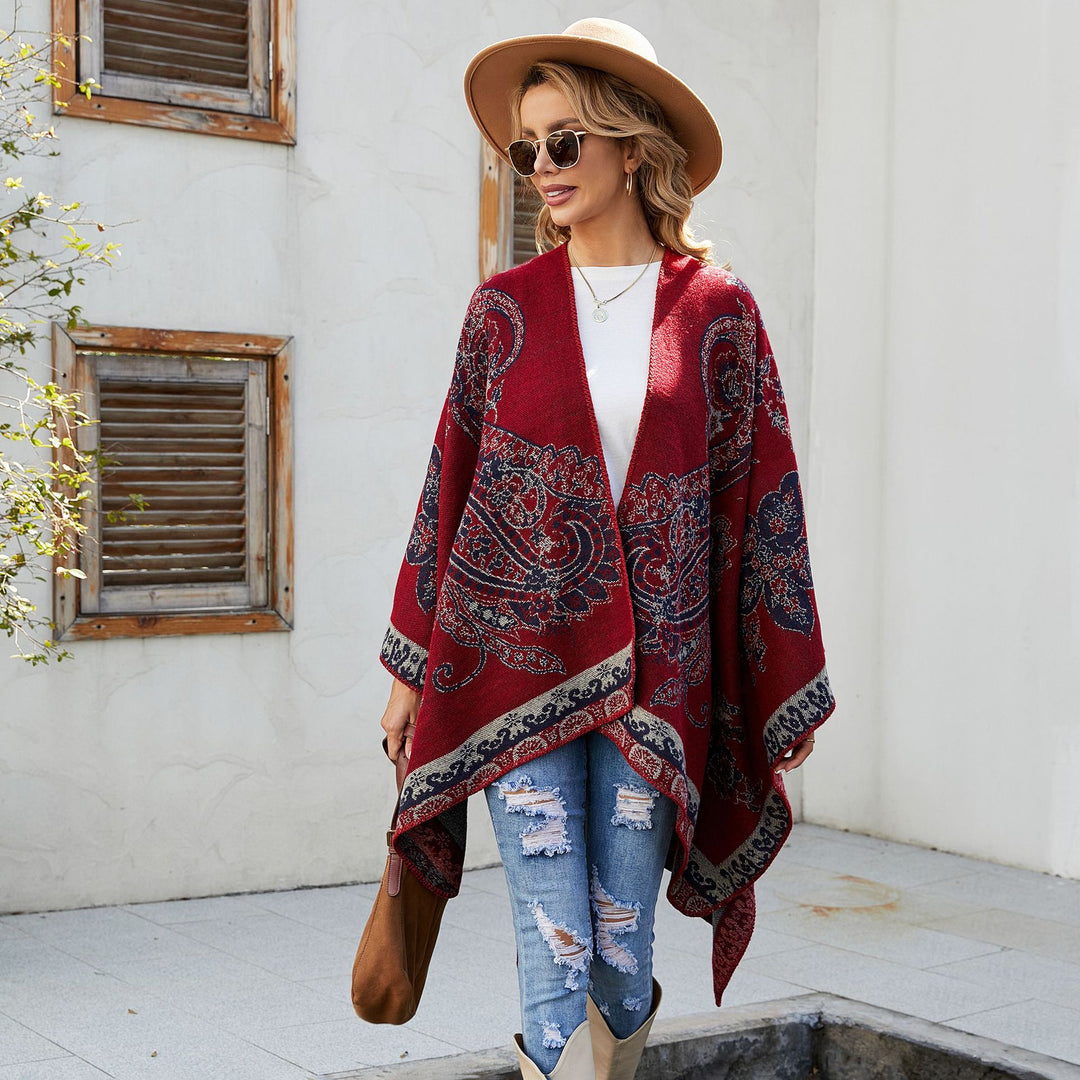 Ladies Elegant Jacquard Poncho with Paisley Pattern and Open Front Mune Fashion
