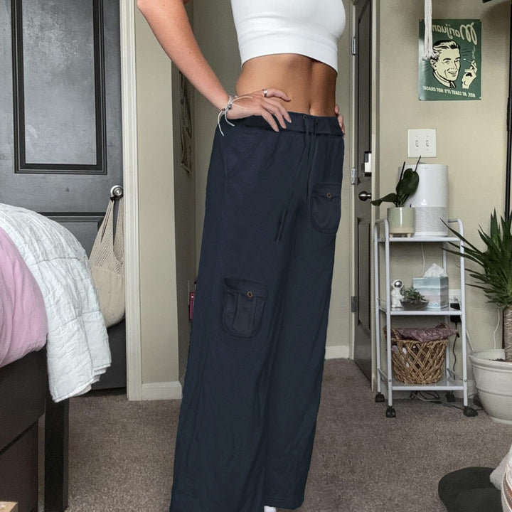 Women's Flared Cargo Jogging Pants with Drawstring and Flap Pockets Mune Fashion