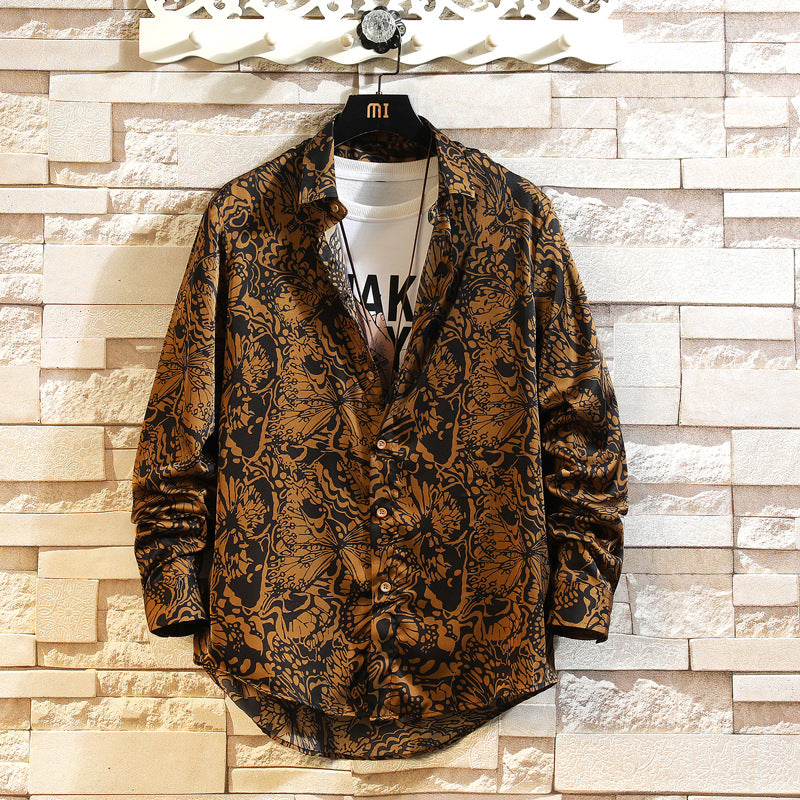 Men's Loose Linen Shirt with Large Floral Print and Shirt Collar Mune Fashion