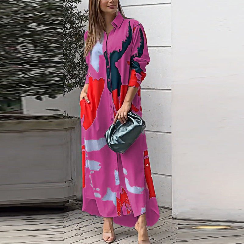 Women's Long Shirt Dress with Abstract Brush Print and Side Pockets Mune Fashion