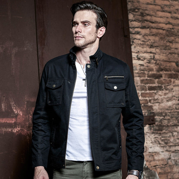 Men's slim canvas field jacket with military pocket detailing and stand collar Mune Fashion