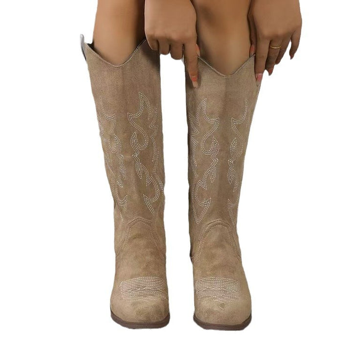 Ladies knee-high boots in western style with mid-high block heel, side zipper, and embroidered suede finish Mune Fashion