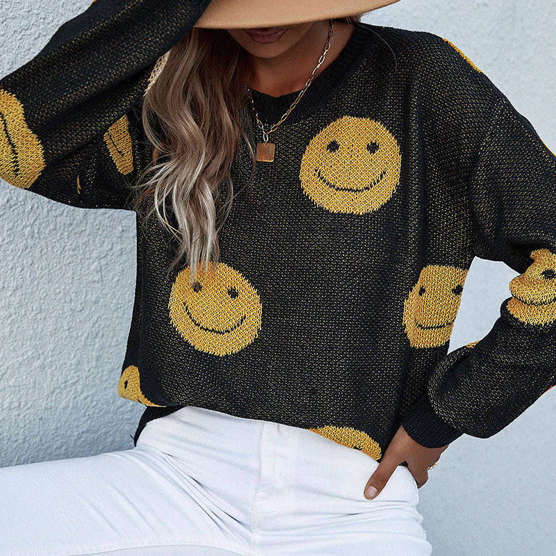Women's casual knit sweater with smiley jacquard and round neck Mune Fashion