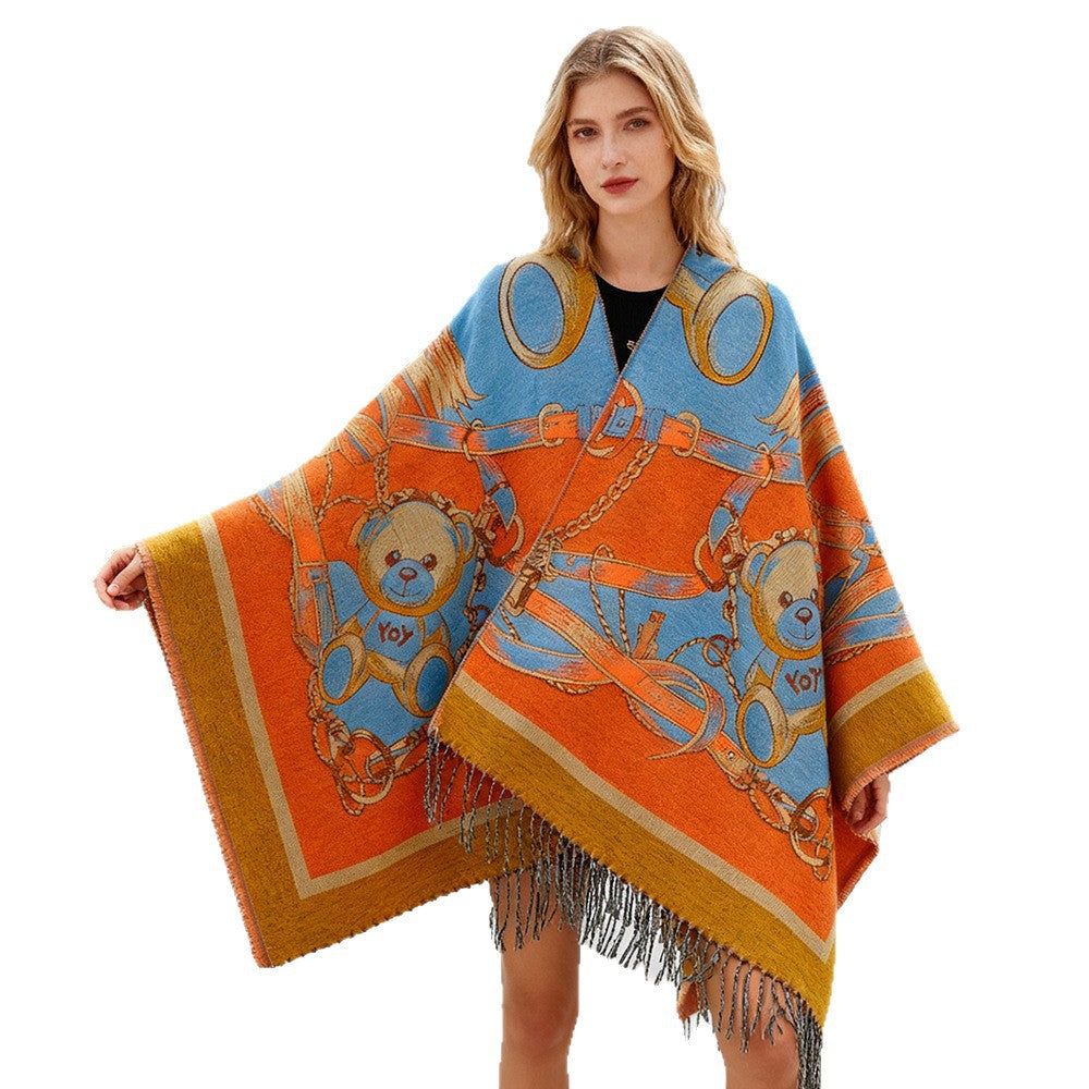 Women's Jacquard-Cape Poncho with Teddy Motif, Oversized Silhouette and Fringe Hem Mune Fashion
