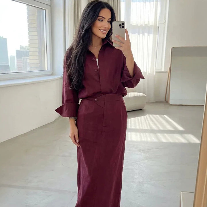 Women's Two-Piece Linen Set with Oversized Shirt and Fitted Maxi Skirt Mune Fashion