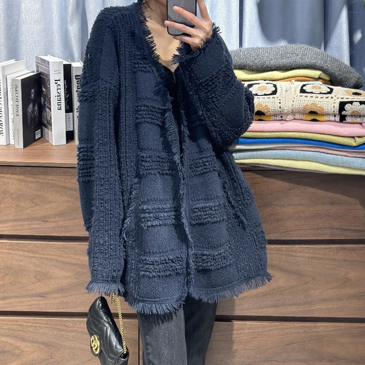 Women Oversized Knit Cardigan with Structured Check Pattern Look, Fringes and Patch Pockets Mune Fashion