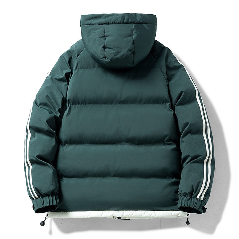 Men's padded hooded winter jacket with thermal lining, contrasting side stripes, and windproof outer shell Mune Fashion
