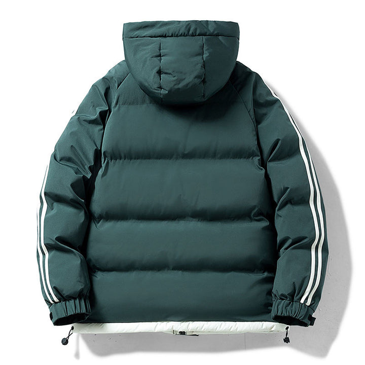 Men's padded hooded winter jacket with thermal lining, contrasting side stripes, and windproof outer shell Mune Fashion