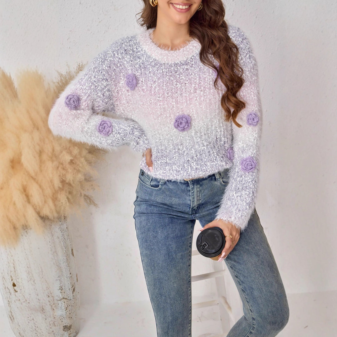 Women's fluffy sweater with 3D flower appliqués Mune Fashion