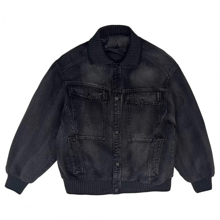 Men's Loose-Fitting Denim Jacket with Ribbed Contrast Collar and Vintage Wash Mune Fashion
