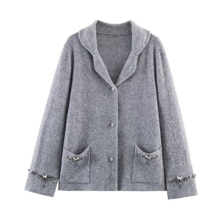 Ladies Short Wool Blend Cardigan Coat with Shawl Collar and Jewel Stone Applications Mune Fashion