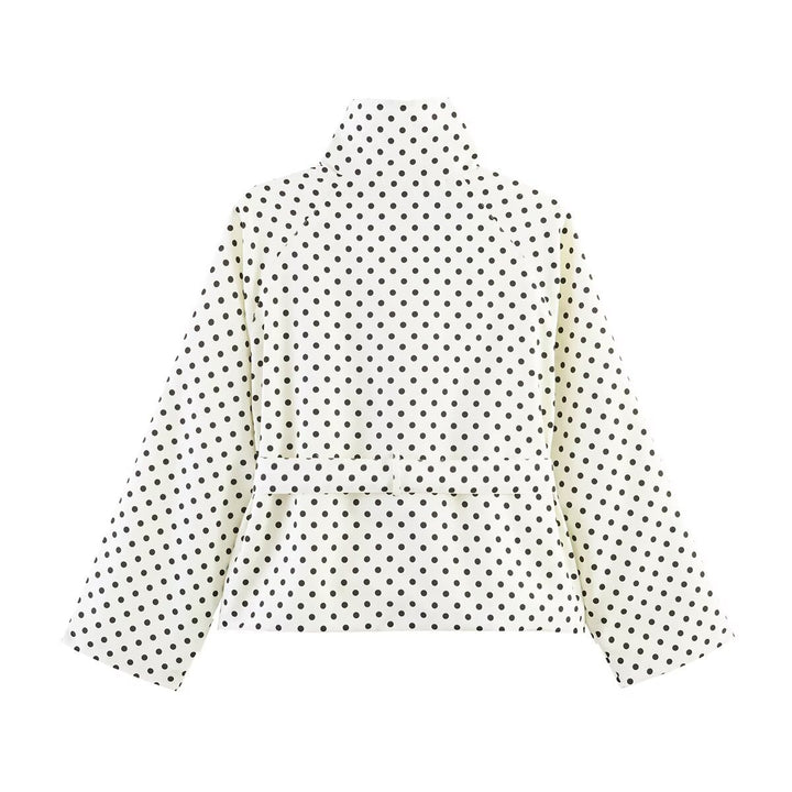 Women's Cropped Polka Dot Trench Coat with Stand Collar, Waist Belt and Double Button Placket Mune Fashion