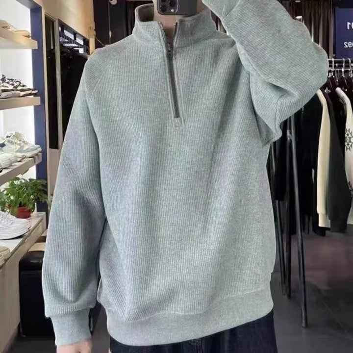 Men's Ribbed Half-Zip Sweatshirt with Stand Collar made of Cotton Blend Mune Fashion