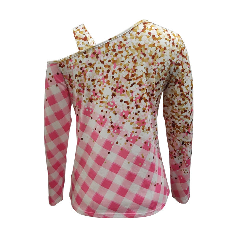 Women Off-Shoulder Long Sleeve Shirt with Gingham Check and One-Shoulder Strap Mune Fashion