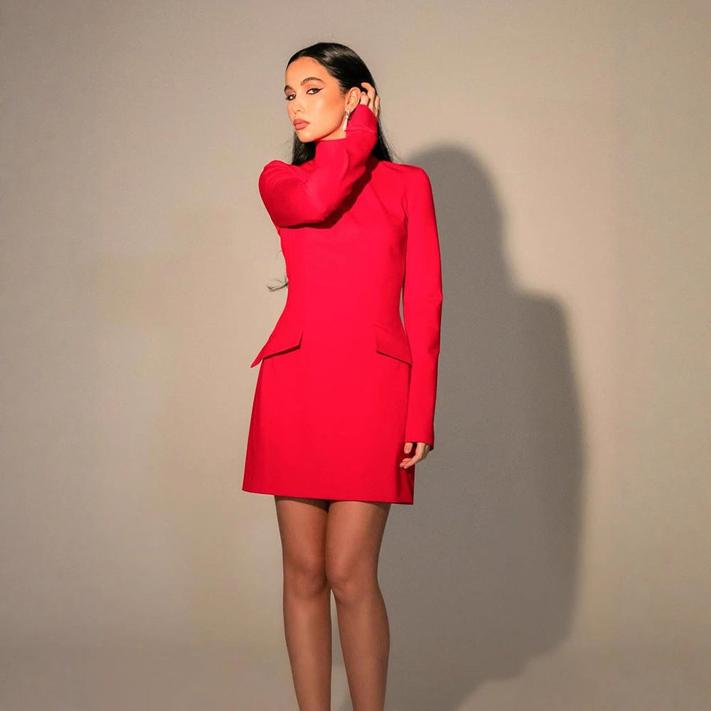 Women's Tailored Mini Dress with Stand Collar, Long Sleeves & Peplum Mune Fashion