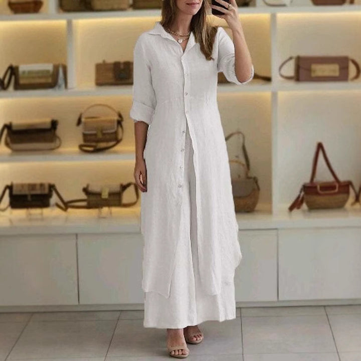 Women's long linen shirt dress with continuous button placket, shirt collar, and subtle A-line cut Mune Fashion