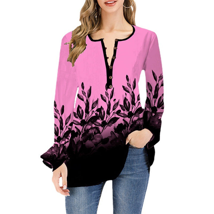 Women's Loose Long Sleeve Tunic Shirt with Henley Button Placket and Floral Ombre Print Mune Fashion
