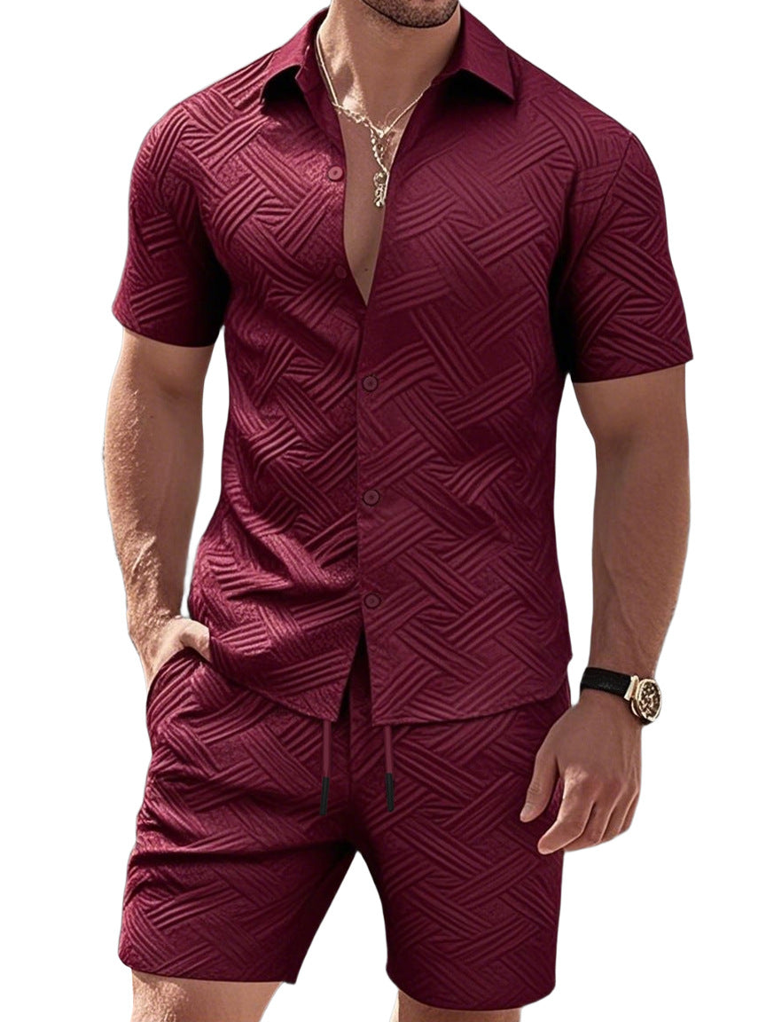 Men's nan geometric embossed short sleeve shirt and Bermuda two-piece set with shirt collar and drawstring Mune Fashion