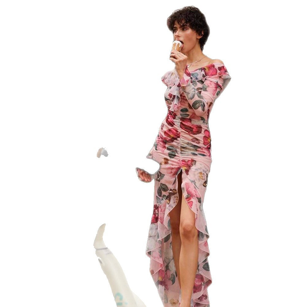 Women's Floral Chiffon Maxi Dress with Asymmetrical Ruffled Shoulder, Gathered Bodice & High Front Slit Mune Fashion