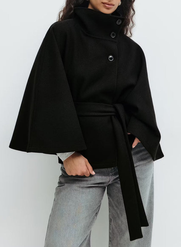 Women's oversized wool cape coat with stand-up collar and tie belt Mune Fashion