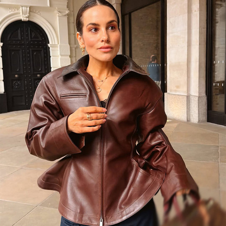 Women’s leather jacket with tailored peplum, zipper & large shirt collar Mune Fashion