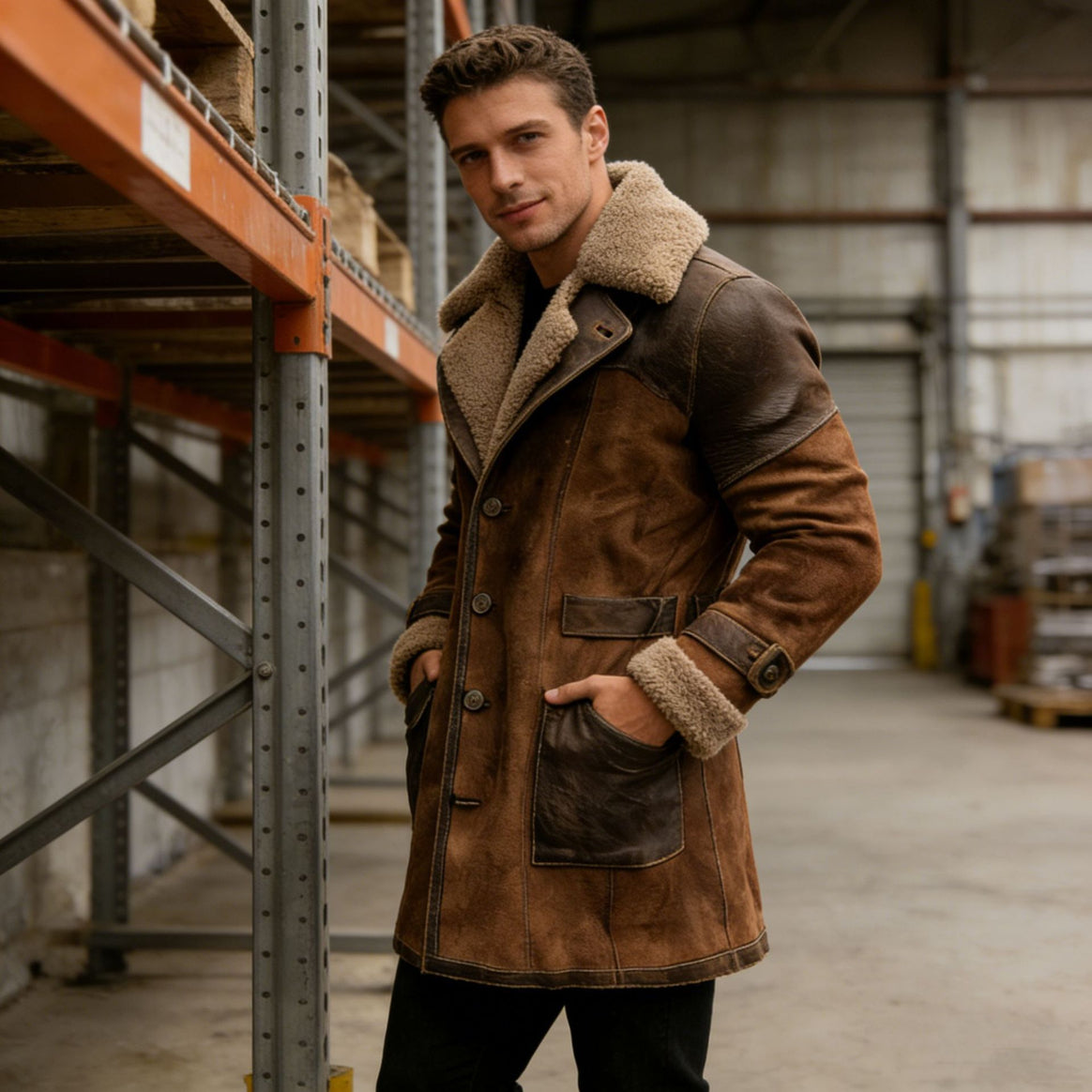 Men's Long Shearling Coat made of Suede with Leather Trim Mune Fashion