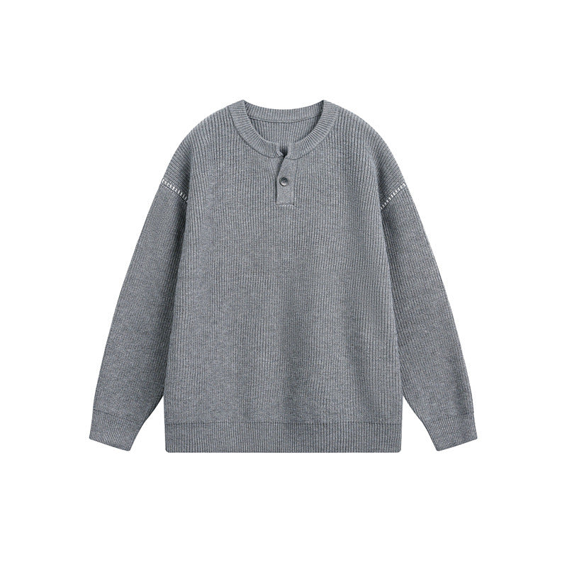 Unisex chunky knit henley pullover with button placket and drop shoulder drape