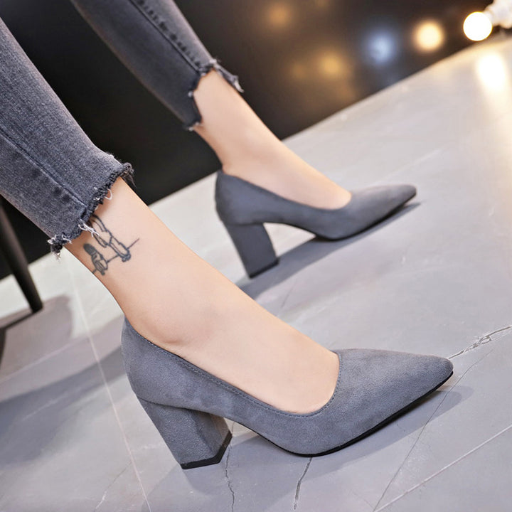 Women's Velvety Pointed Pumps with Mid-Height Geometric Block Heel Mune Fashion