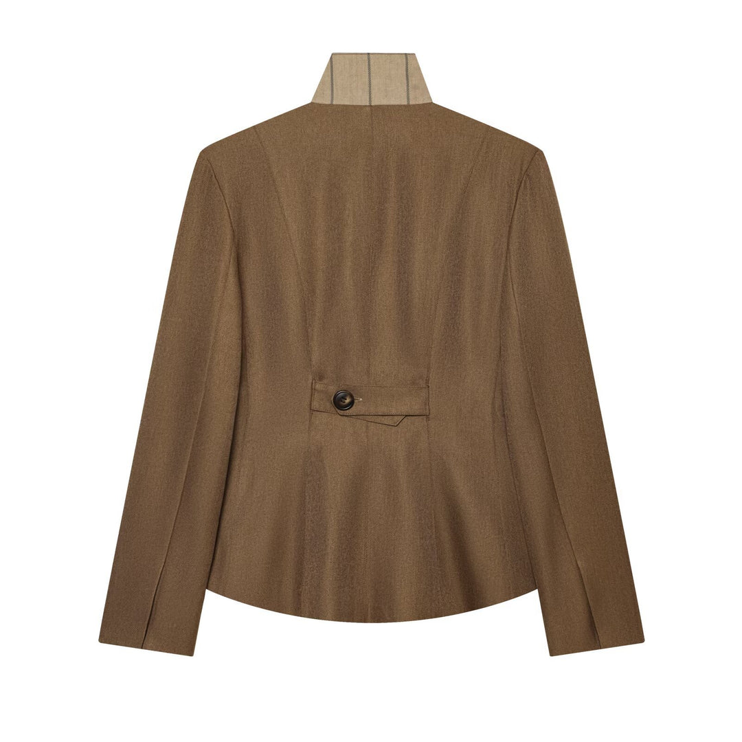 Women's Tailored Wool Blazer with Stand Collar and Decorative Button Placket Mune Fashion