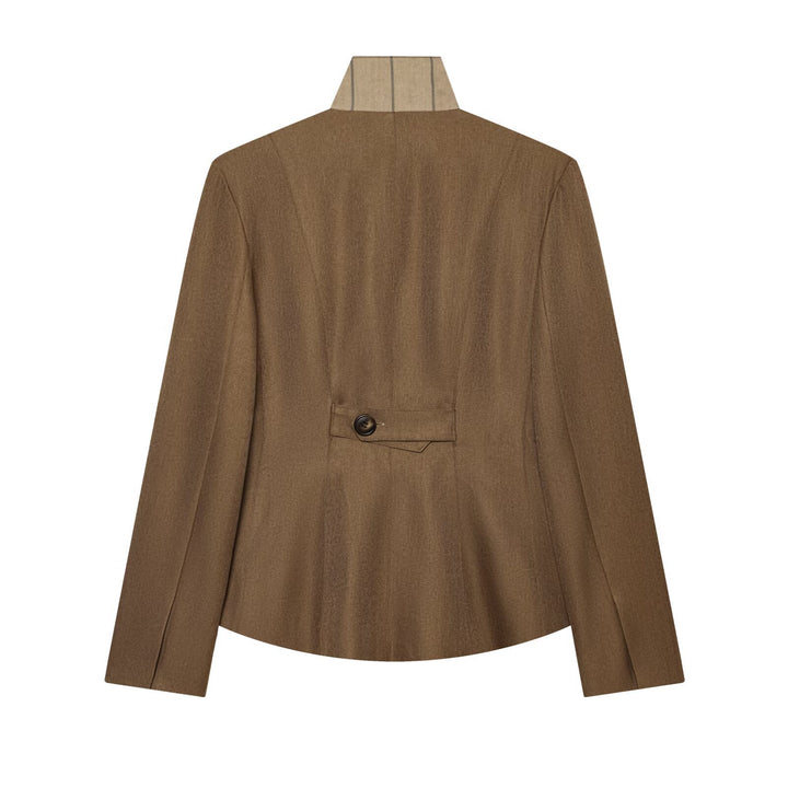 Women's Tailored Wool Blazer with Stand Collar and Decorative Button Placket Mune Fashion