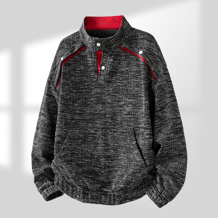 Men's Oversize Structure Half-Zip Knit Sweater with Stand-Up Collar, Snap Placket & Kangaroo Pocket Mune Fashion