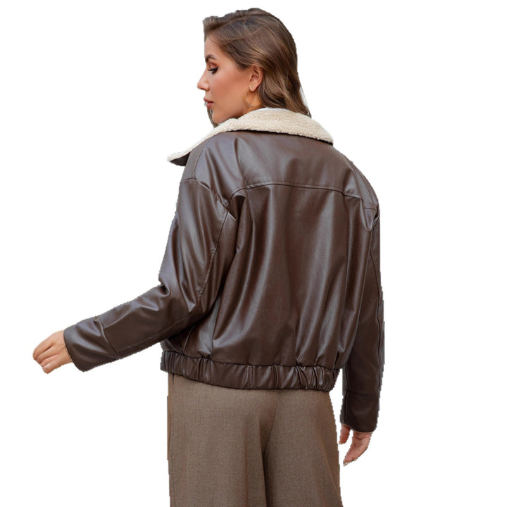 Ladies Short Cut Faux Leather Jacket with Teddy Collar and Snap Buttons Mune Fashion