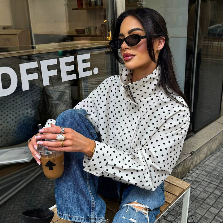 Women's Polka Dot Oversized Bomber Jacket made of lightweight cotton blend with stand-up collar and zipper Mune Fashion