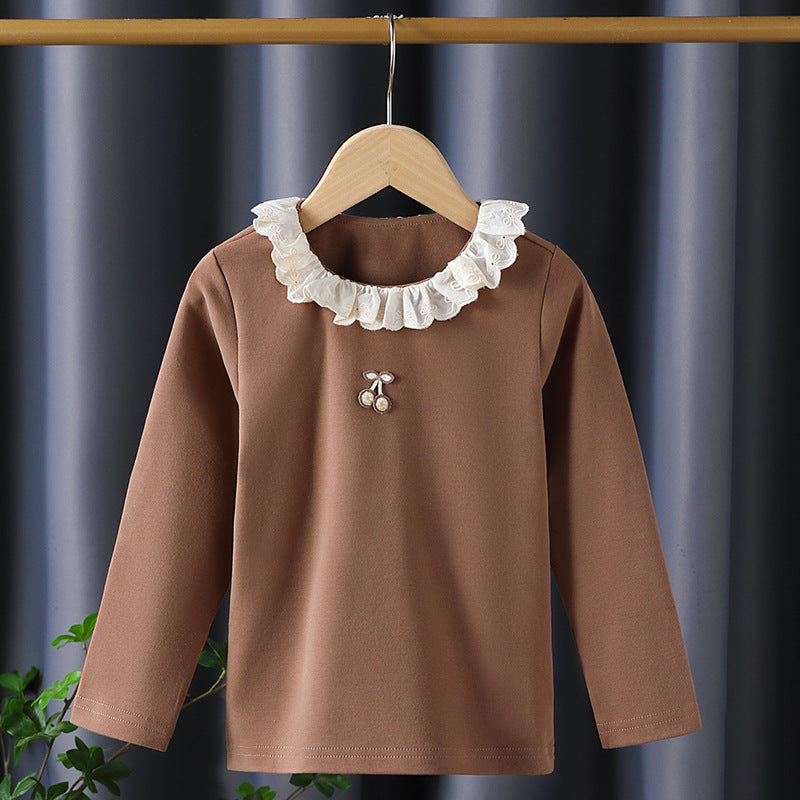 Girl Long Sleeve Shirt with Ruffled Collar and Charming Application Detail Mune Fashion