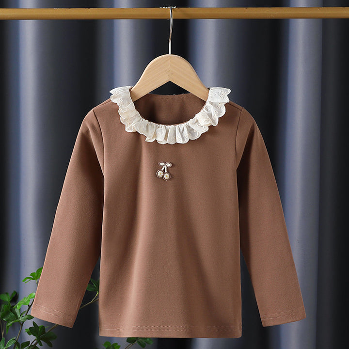 Girl Long Sleeve Shirt with Ruffled Collar and Charming Application Detail Mune Fashion