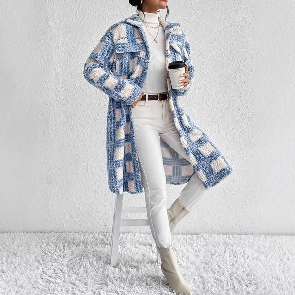 Women's teddy coat with large check pattern, shirt collar, and button closure Mune Fashion