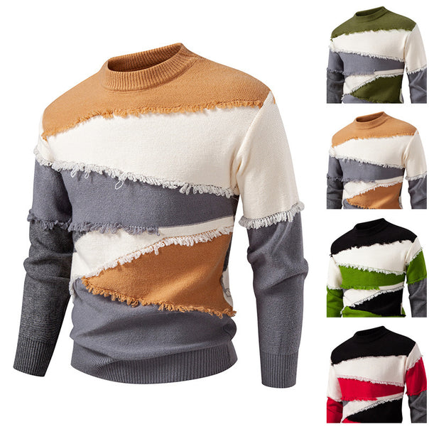 Men's Colorblock Knit Pullover with Fringe Detail and Short Stand-Up Collar Mune Fashion