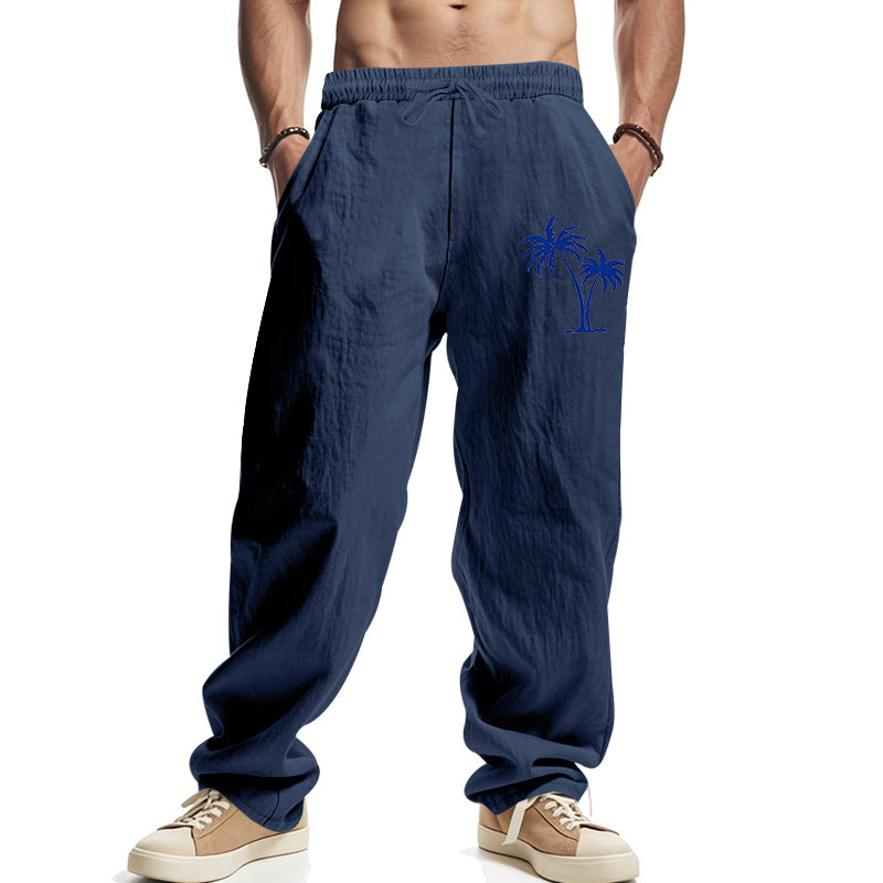 Men's Lightweight Linen-Look Casual Pants with Elastic Waistband, Drawstring & Palm Embroidery Mune Fashion