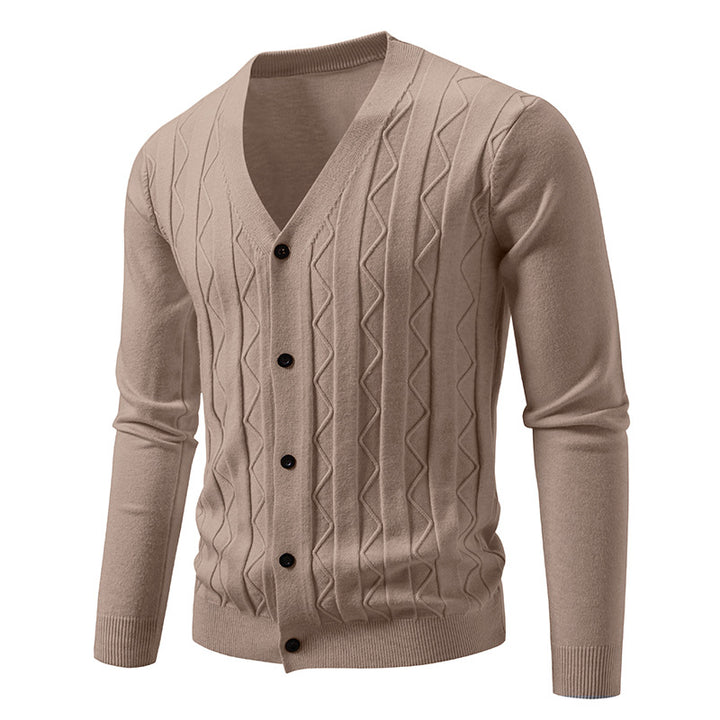 Men's V neck cardigan with subtle cable knit texture and continuous button placket Mune Fashion