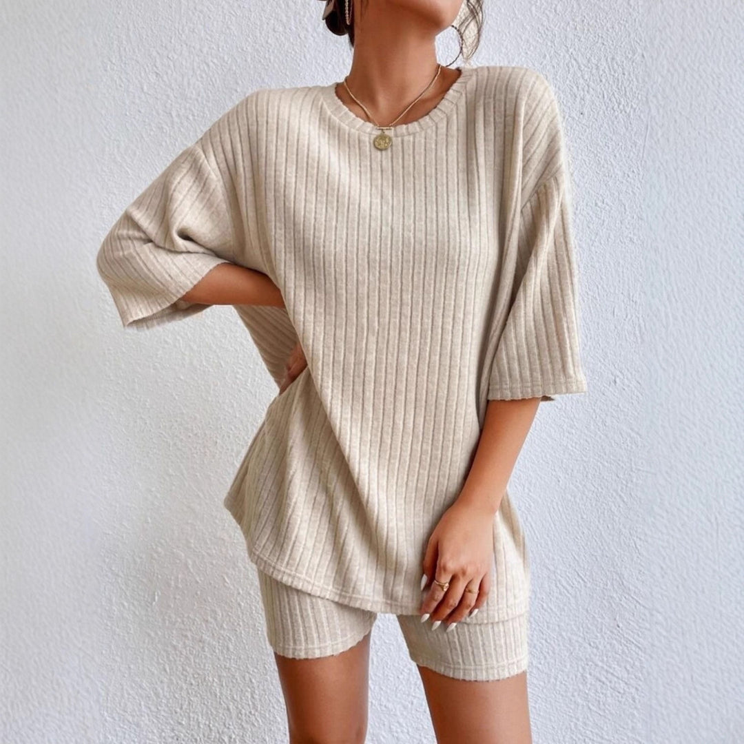Women’s Casual Ribbed Knit Lounge Set with Oversized Short Sleeve Top and High Waist Biker Shorts Mune Fashion